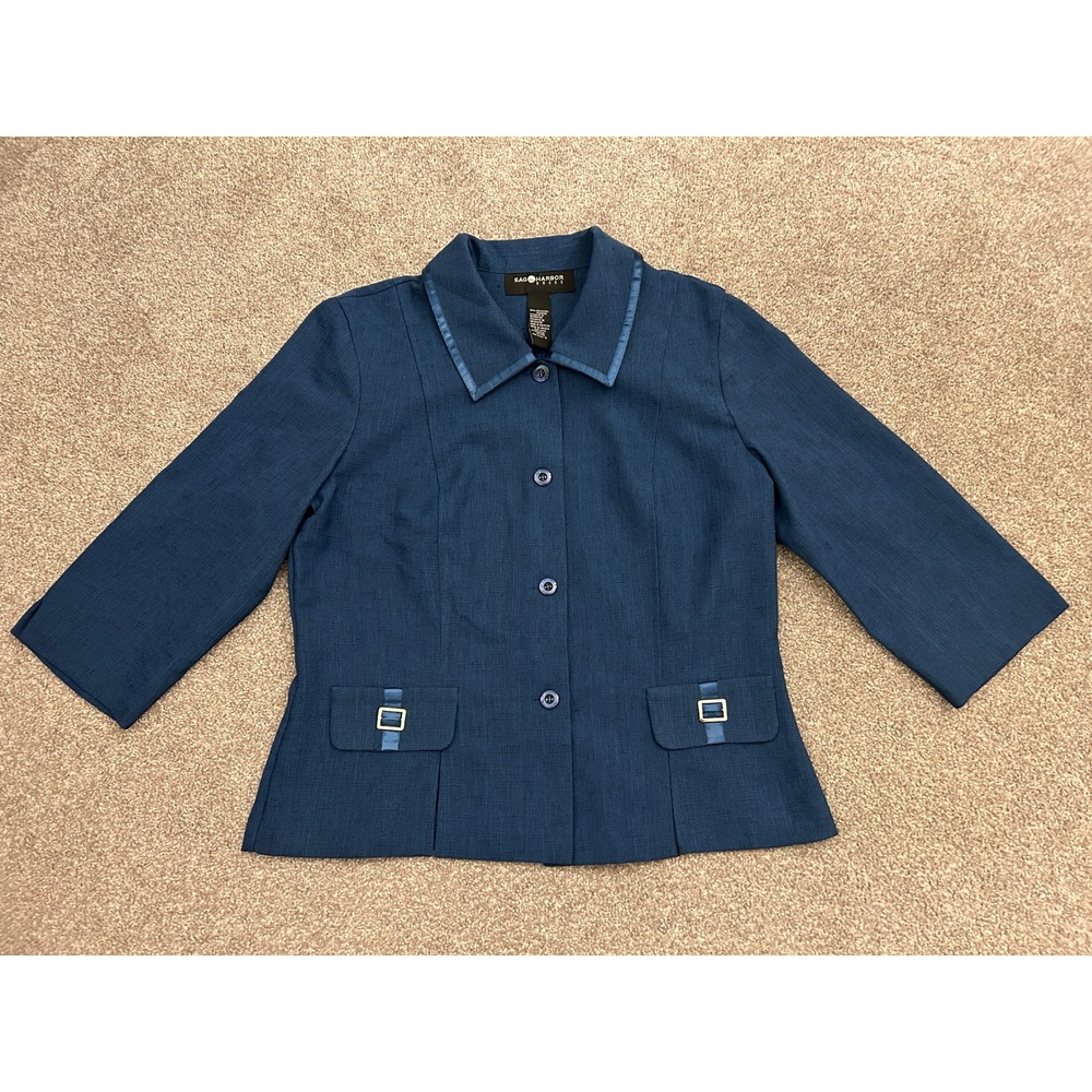 90s Sag Harbor Blazer Jacket Women 12 Blue Excellent Textured Buckle 3/4 Sleeve